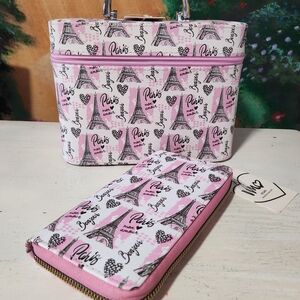 NWT - Paris Print Pink Cosmetic Train Case and Wallet Set